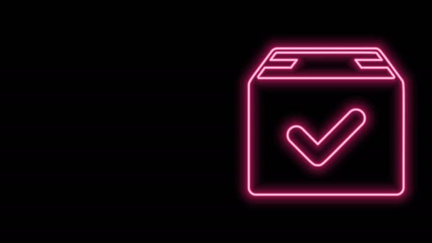 Glödande neon line Förpackning låda med markering ikon isolerad på svart bakgrund. Paketlåda med bockmärke. Godkänd leverans eller godkänt kvitto. 4K Video motion grafisk animation — Stockvideo