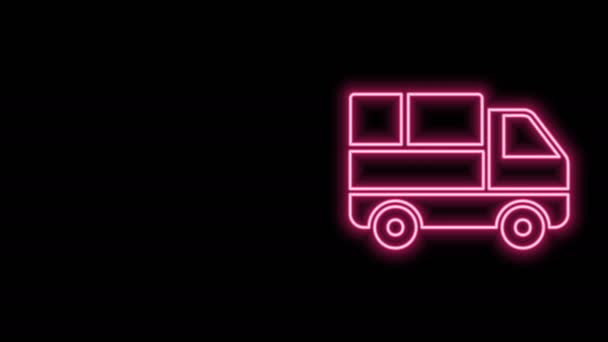 Línea de neón brillante Camión de reparto con cajas de cartón detrás del icono aislado sobre fondo negro. Animación gráfica de vídeo 4K — Vídeo de stock