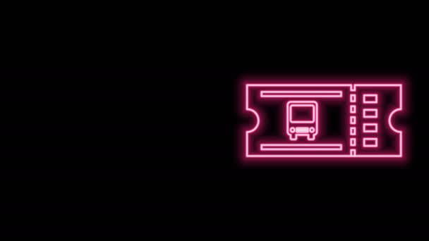 黒の背景に孤立したネオンラインバスのチケットアイコンを光る。公共交通機関のチケット。4Kビデオモーショングラフィックアニメーション — ストック動画