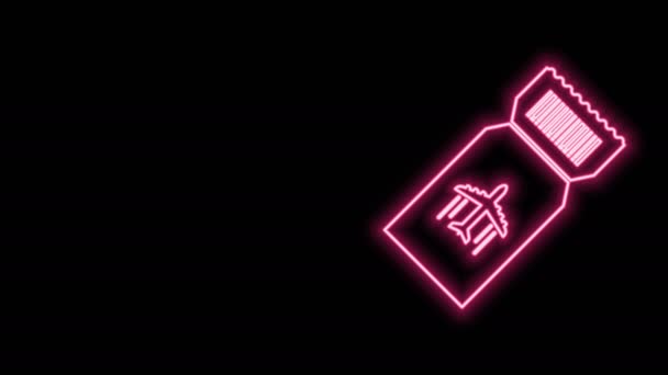검은 배경에 네온 라인 에어라인 티켓 아이콘 분리. 비행기 표요. 4K 비디오 모션 그래픽 애니메이션 — 비디오