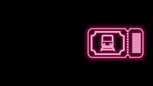 明亮的霓虹灯线火车票图标隔离在黑色背景.乘火车旅行。4K视频运动图形动画 — 图库视频影像
