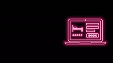 Parlayan neon hattı online otel rezervasyon ikonu siyah arkaplanda izole edildi. Dizüstü bilgisayar için online dizayn konsepti. 4K Video hareketli grafik canlandırması