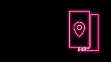 Parlayan neon hattı Kapak kitabı seyahat ikonu siyah arkaplanda izole edildi. 4K Video hareketli grafik canlandırması