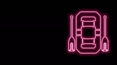 Parlayan neon hattı Rafting botu simgesi siyah arkaplanda izole edildi. Kürekleri olan şişme bir tekne. Su sporları, ekstrem sporlar, tatil, tatil, takım oluşturma. 4K Video hareketli grafik canlandırması