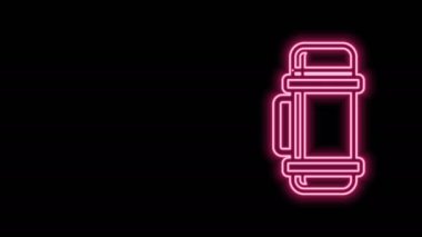 Parlayan neon hattı termos konteynır simgesi siyah arkaplanda izole edildi. Termo matara ikonu. Kamp ve yürüyüş ekipmanları. 4K Video hareketli grafik canlandırması