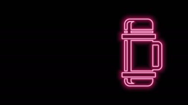 Parlayan neon hattı termos konteynır simgesi siyah arkaplanda izole edildi. Termo matara ikonu. Kamp ve yürüyüş ekipmanları. 4K Video hareketli grafik canlandırması
