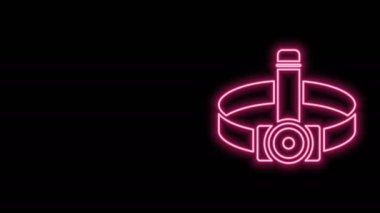 Parlayan neon hattı baş fener ikonu siyah arkaplanda izole edildi. Turist el feneri. Kamp lambası. 4K Video hareketli grafik canlandırması