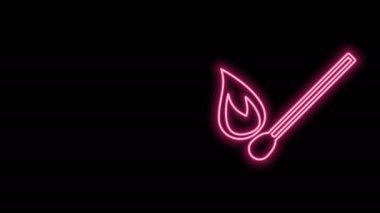 Siyah arkaplanda izole edilmiş ateş ikonu ile parlayan neon hattı yakma kibriti. Ateşle maç. Kibrit işareti. 4K Video hareketli grafik canlandırması
