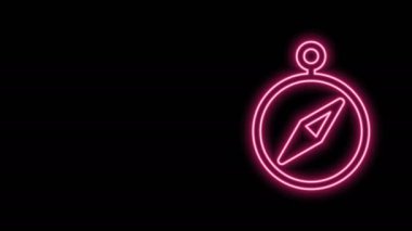 Parlayan neon hattı pusula simgesi siyah arkaplanda izole edildi. Rüzgâr yön bulma sembolü. Rüzgar gül işareti. 4K Video hareketli grafik canlandırması