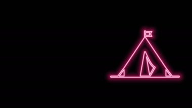 Siyah arka planda izole edilmiş bayrak ikonu olan parlak neon çizgili turist çadırı. Kamp sembolü. 4K Video hareketli grafik canlandırması