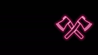 Parlayan neon çizgisi siyah arkaplanda izole edilmiş ahşap balta simgesini geçti. Oduncu baltası. 4K Video hareketli grafik canlandırması