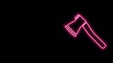 Parlayan neon hattı tahta balta ikonu siyah arkaplanda izole edildi. Oduncu baltası. 4K Video hareketli grafik canlandırması