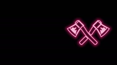 Parlayan neon çizgisi siyah arkaplanda izole edilmiş ahşap balta simgesini geçti. Oduncu baltası. 4K Video hareketli grafik canlandırması