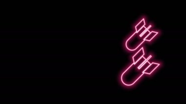 Parlayan neon hattı bomba ikonu siyah arka planda izole edildi. Roket bombası düşüyor. 4K Video hareketli grafik canlandırması