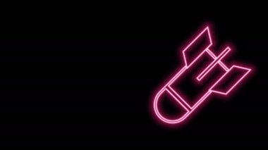 Parlayan neon hattı bomba ikonu siyah arka planda izole edildi. Roket bombası düşüyor. 4K Video hareketli grafik canlandırması