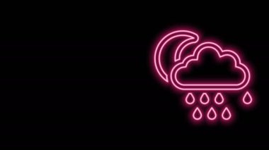 Parlayan neon çizgisi bulutu, yağmur ve ay ikonu, siyah arka planda izole edilmiş. Yağmur damlaları ile yağmur bulutu yağışı. 4K Video hareketli grafik canlandırması