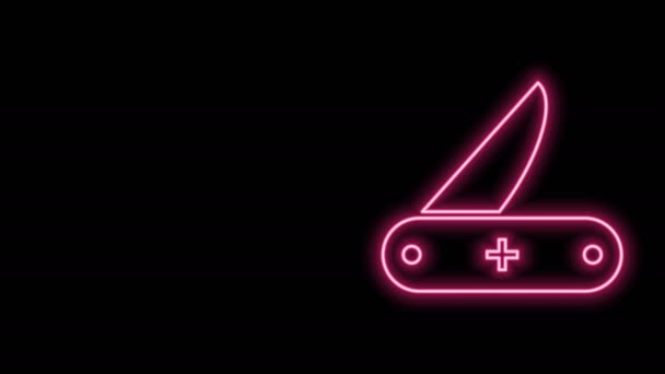 Glödande neon linje schweiziska armén kniv ikon isolerad på svart bakgrund. Multiverktyg, multifunktionell pennkniv. Multifunktionellt verktyg. 4K Video motion grafisk animation — Stockvideo