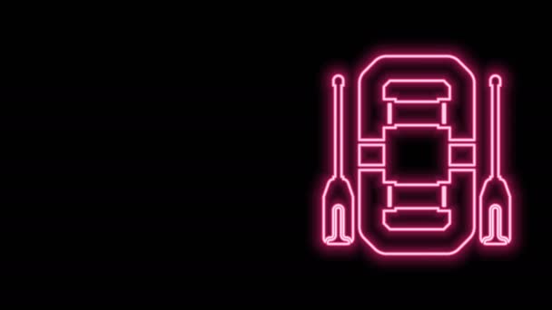 Glowing neon line Rafting boat icon isolated on black background. Inflatable boat with oars. Water sports, extreme sports, holiday, vacation, team building. 4K Video motion graphic animation — Stock Video