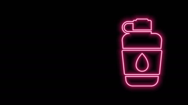 ネオンラインの輝き黒の背景に隔離されたカノテンウォーターボトルのアイコン。観光フラスコのアイコン。キャンペーンで水の使用のジャー。4Kビデオモーショングラフィックアニメーション — ストック動画