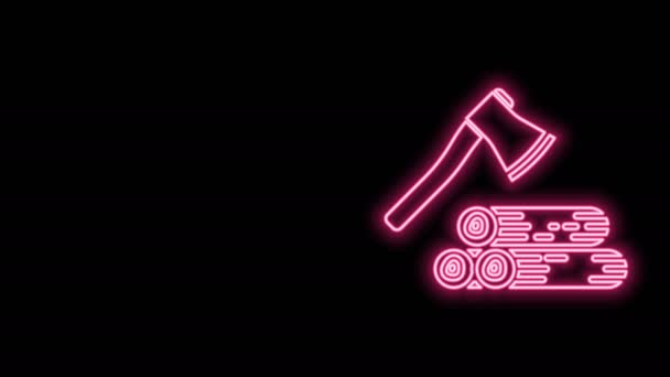Glowing neon line Wooden axe and wood icon isolated on black background. Lumberjack axe. 4K Video motion graphic animation — Stock Video