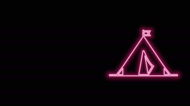 Gloeiende neon lijn Toeristische tent met vlag pictogram geïsoleerd op zwarte achtergrond. Kamperen symbool. 4K Video motion grafische animatie — Stockvideo