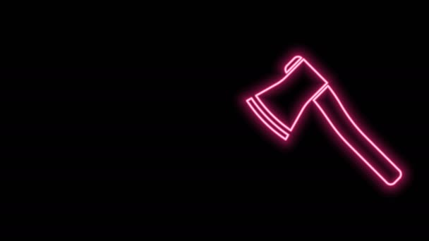 Zářící neonová čára Ikona dřevěné sekery izolovaná na černém pozadí. Dřevorubec sekera. Grafická animace pohybu videa 4K — Stock video