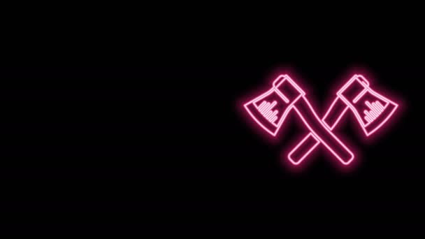 Leuchtende Neon-Linie Gekreuztes Holzbeil-Symbol isoliert auf schwarzem Hintergrund. Holzfällerbeil. 4K Video Motion Grafik Animation — Stockvideo