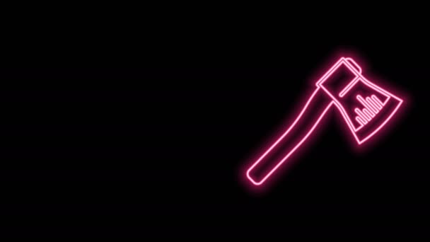 Glödande neon linje Trä yxa ikon isolerad på svart bakgrund. Skogshuggaryxa. 4K Video motion grafisk animation — Stockvideo
