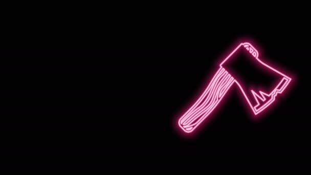 Gloeiende neon lijn Oude houten bijl pictogram geïsoleerd op zwarte achtergrond. Een houthakkerbijl. 4K Video motion grafische animatie — Stockvideo