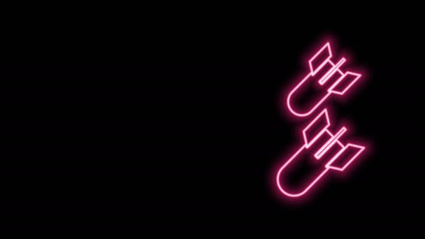 Glowing neon line Aviation bomb icon isolated on black background. Rocket bomb flies down. 4K Video motion graphic animation — Stock Video