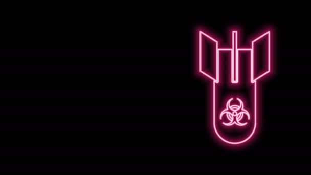 Linea al neon luminosa icona bomba Biohazard isolata su sfondo nero. La bomba a razzo vola giù. Animazione grafica 4K Video motion — Video Stock