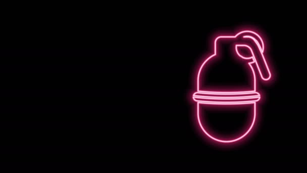 Zářící neonová čára Ruční granát ikona izolované na černém pozadí. Výbuch bomby. Grafická animace pohybu videa 4K — Stock video