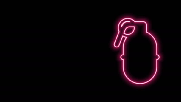 Glödande neon line Hand granat ikon isolerad på svart bakgrund. Bomb explosion. 4K Video motion grafisk animation — Stockvideo