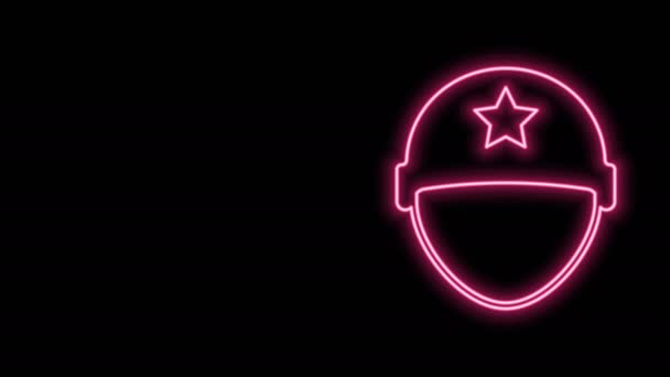 Gloeiende neon lijn Militaire helm pictogram geïsoleerd op zwarte achtergrond. Legerhoed symbool van verdediging en bescherming. Beschermende hoed. 4K Video motion grafische animatie — Stockvideo