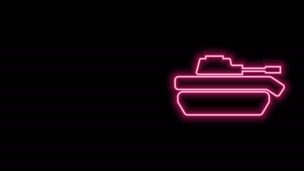 Gloeiende neon lijn Militaire tank icoon geïsoleerd op zwarte achtergrond. 4K Video motion grafische animatie — Stockvideo
