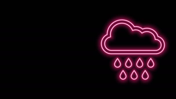 Glowing neon line Cloud with rain icon isolated on black background. Rain cloud precipitation with rain drops. 4K Video motion graphic animation — Stock Video