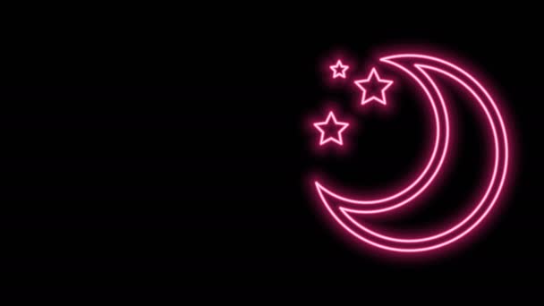 Świecąca neonowa linia Księżyc i ikona gwiazd odizolowana na czarnym tle. 4K Animacja graficzna ruchu wideo — Wideo stockowe