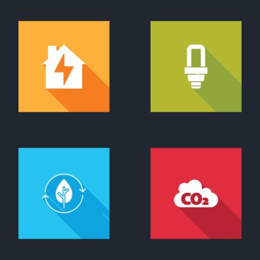 Ev ve şimşek ayarla, LED ampul, geri dönüşüm yaprağı ve CO2 emisyon bulut simgesi. Vektör.