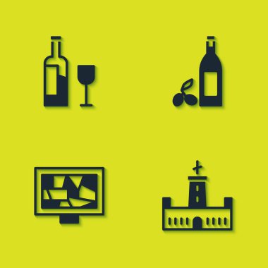 Bardaklı şarap şişesi, Montjuic kalesi, resim sanatı ve zeytinyağı ikonu. Vektör.