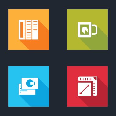 Broşür, kahve fincanı, kartvizit ve kağıt boyutu ikonu hazırla. Vektör.