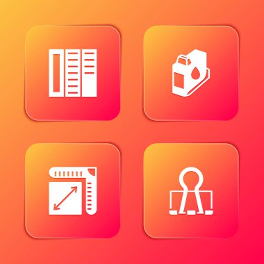 Broşür, yazıcı mürekkep kartuşu, kağıt boyutu ve ataç simgesini ayarla. Vektör.