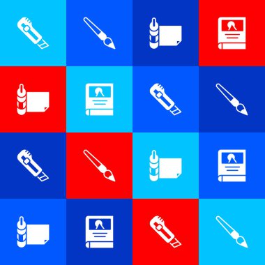 Kırtasiye bıçağı, boya fırçası, rulo kağıt ve fotoğraf albümü galerisi ikonu. Vektör.