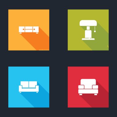 Çekmece seti, masa lambası, koltuk ve koltuk ikonu. Vektör.