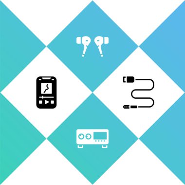 Müzik çalar, gitar amplifikatörü, hava kulaklığı ve ses kriko simgesi. Vektör.