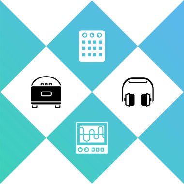 Stereo hoparlörü, osiloskop, bateri makinesi ve kulaklık simgesini ayarla. Vektör.