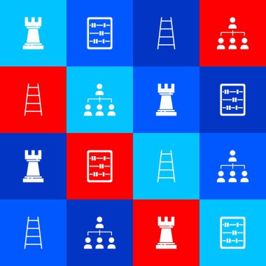 Satranç, Abaküs, bitiş bayrağı ve hiyerarşi organogram çizelgesi ikonu olan merdiven. Vektör.