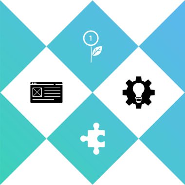 Tarayıcı penceresi, yapboz parçası, dolar bitkisi, ampul ve dişli simgesi ayarla. Vektör.