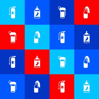 Yangın söndürücü, biber gazı, el bombası ve kokteyl molotof ikonu hazırla. Vektör.