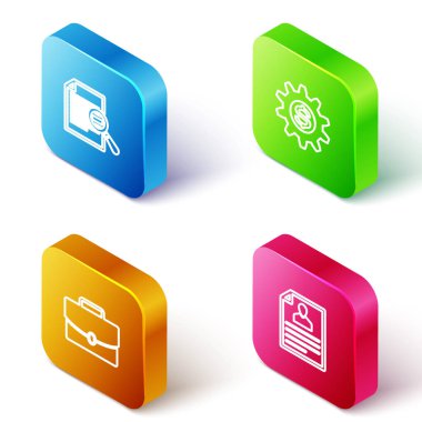 Isometric satır Belgesini arama, Gear dolar sembolü, Evrak Çantası ve Devam simgesi ile ayarla. Vektör.