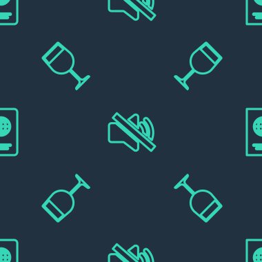 Hat hoparlörünü, şarap kadehini ve pasaportu kusursuz desene ayarlayın. Vektör.